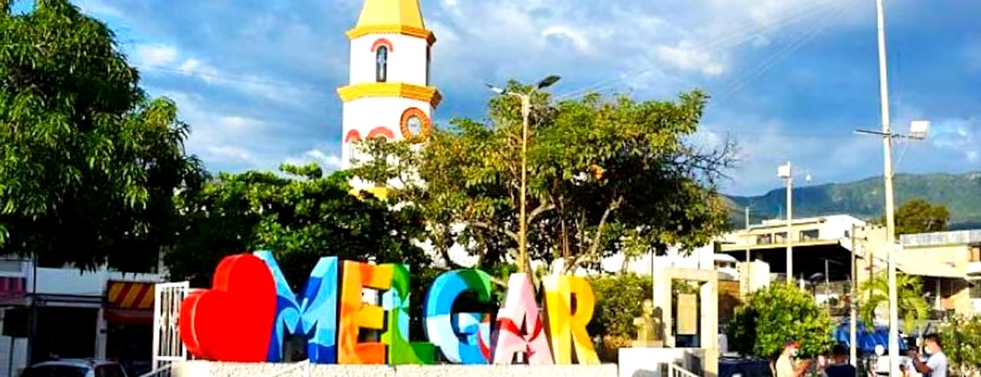 Colourful Melgar sign in the main square of the town, Tolima, Colombia